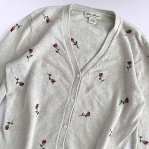 Rare Made in UK Rose Embroidered Gray Cotton Cardigan Medium Eddie Bauer
